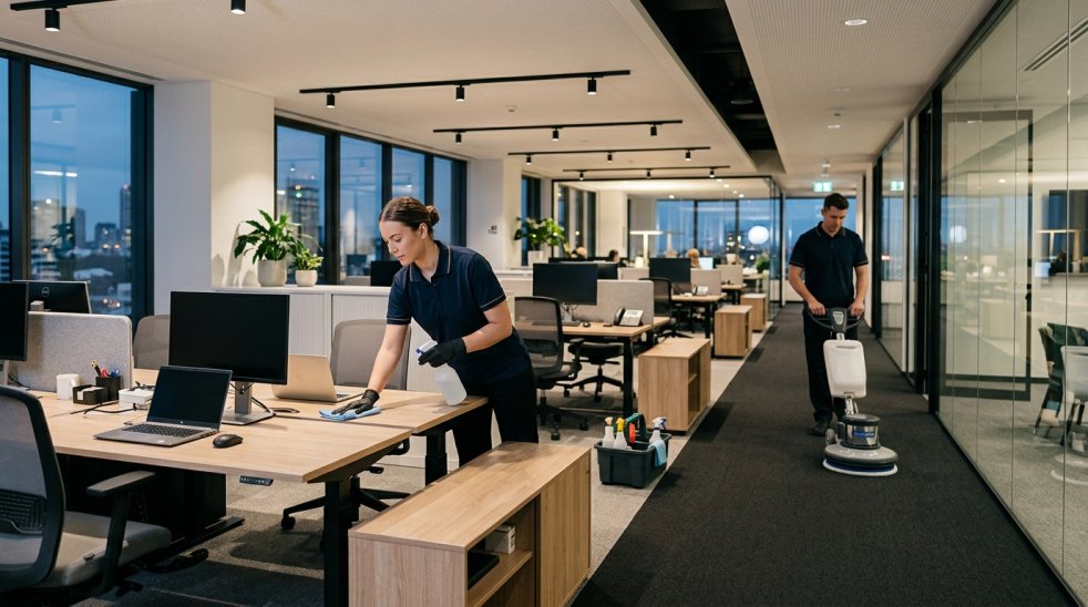Commercial cleaners wiping desks and polishing floors in a modern office workspace at night