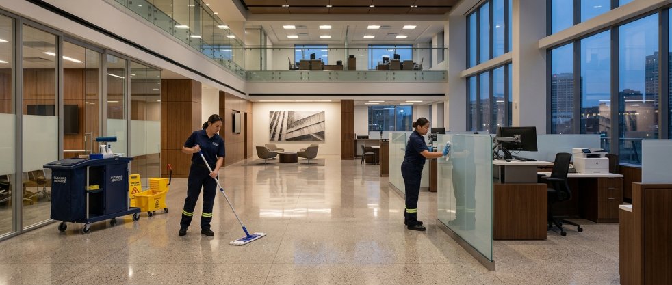 Janitors cleaning a modern financial center lobby, mopping floors and wiping glass office partitions at dusk