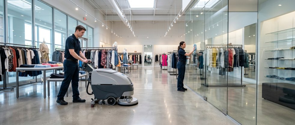Cleaning staff scrubbing floors and wiping glass inside a modern clothing retail store