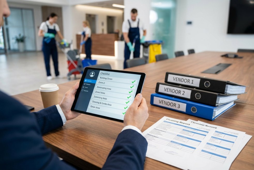 Facility manager reviews cleaning checklists and vendor reports while crews clean an office conference room