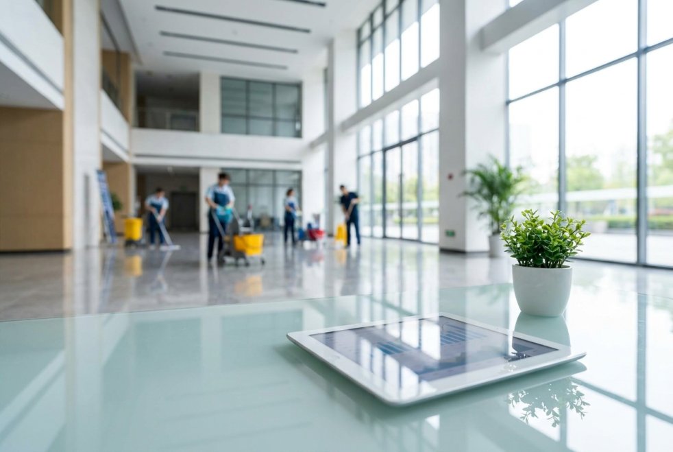Cleaning crew mopping a modern office lobby beside a tablet and potted plant