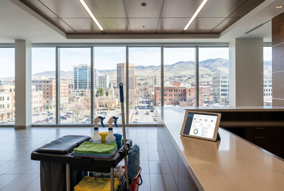 Cleaning cart and facility management tablet in a Boise office lobby with city and mountain views
